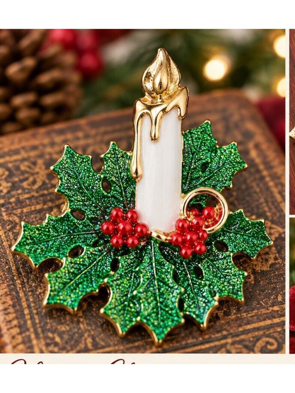 Vintage Christmas Candle and Holly Leaves Brooch with Red Berries